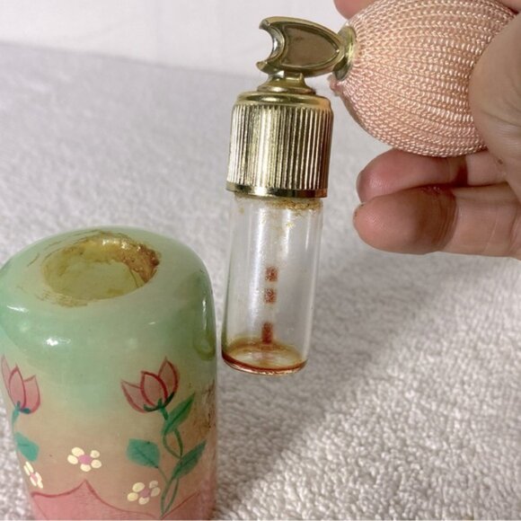 Vintage Pink Green Genuine Alabaster Perfume Atomizer Puff Sprayer Bottle - Picture 10 of 15